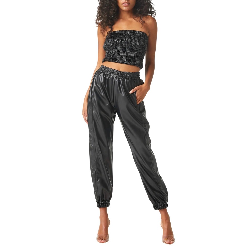 MISA Los Angeles Kasta Pants Joggers Tube Top Set Women M Black Faux Leather NWT - Picture 1 of 15